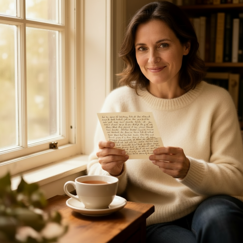 Founder of Letters & Lore reading a handwritten letter in a cosy reading nook